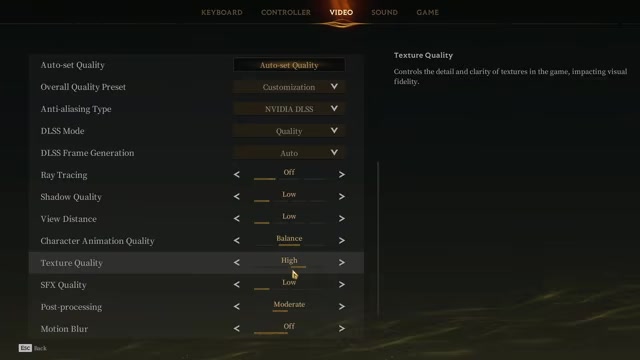 Settings list highlights effects and texture quality sliders