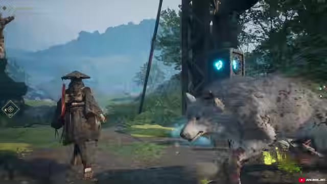 Player approaches a ruined tower from a bridge campsite