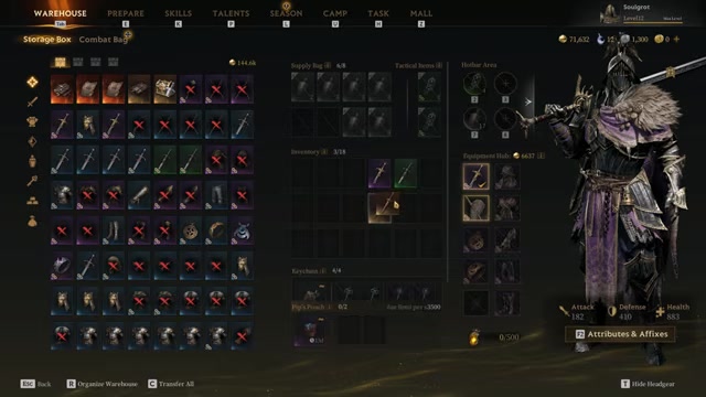 Legendary weapon menu opens beside purple gear stats