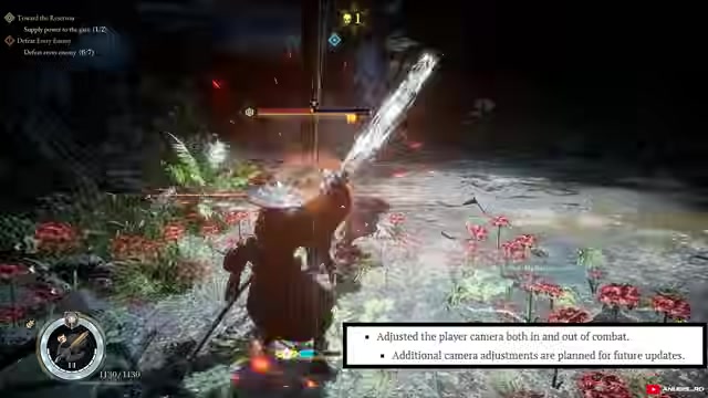 Camera pulls back as a character runs through an open area