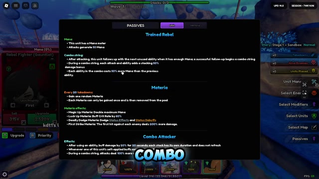 Rebel Fighter stats panel shows mana meter and combo passives