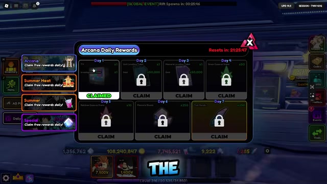 Daily rewards menu shows the Arcana unit reward