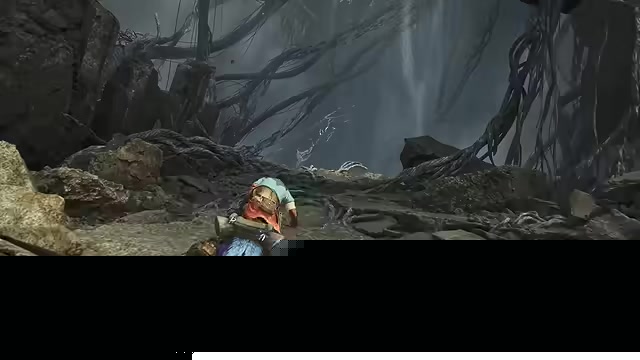 Hunter faces a towering monster in a dusty arena