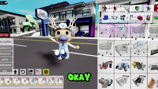 Avatar preview wears a shopping cart accessory in the editor.