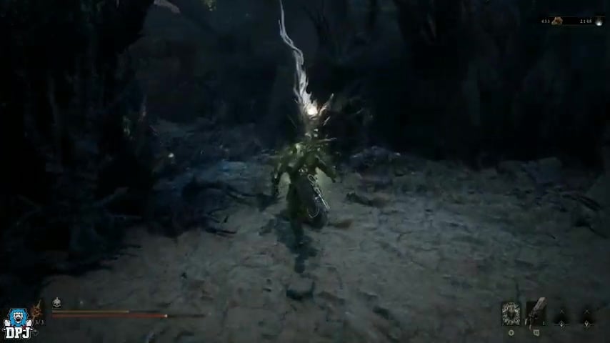 Exploding enemies cluster near a forked path with poisonous mist.