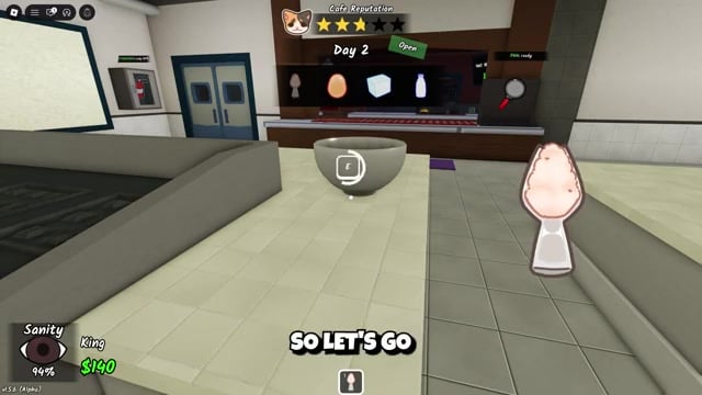 Cafe item menu shows sanity recovery items and tool options.