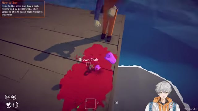 Players punch a crab on the dock while joking nearby.