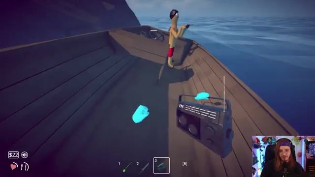 Characters ride a boat while holding fishing rods and gear