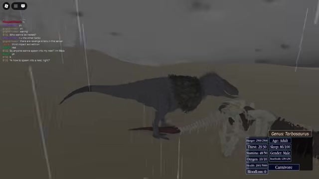 Bloody dinosaur corpse lies on the ground