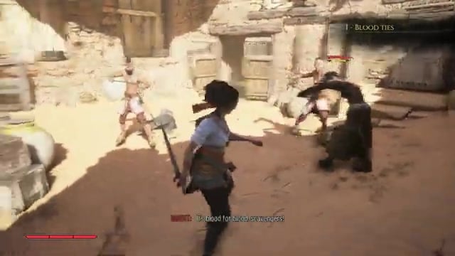 Warrior parries an enemy's strike in a torch-lit ruin.