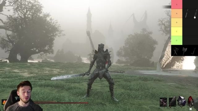 Warrior swings a heavy weapon in slow motion, eyes flashing gold.