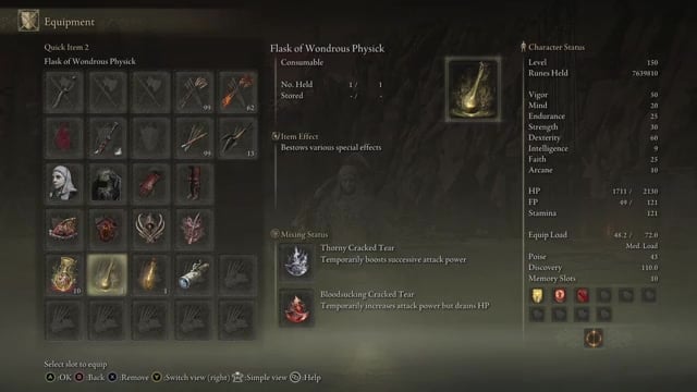Wondrous Physick menu highlights Thorny Cracked Tear damage boost