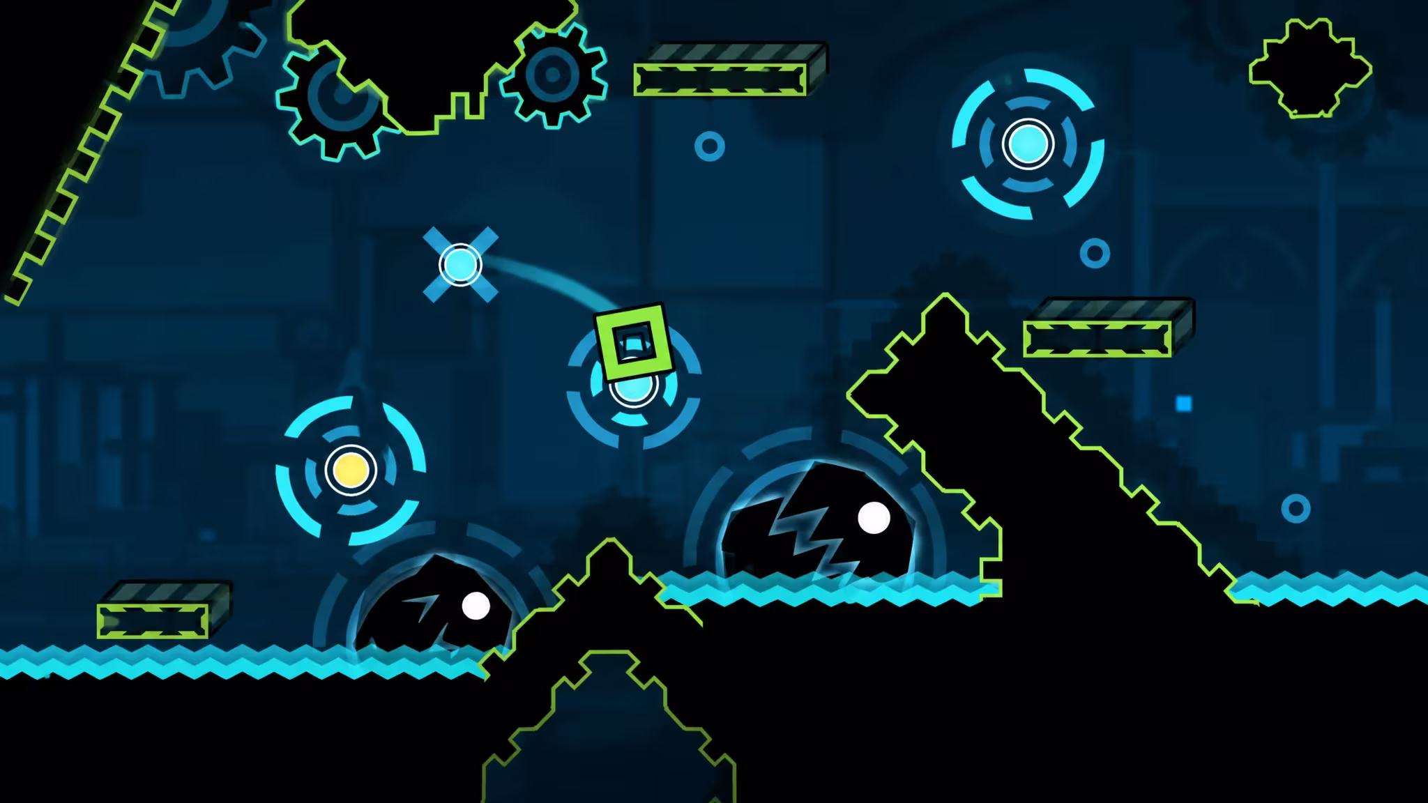 Cube jumping over shark enemies in Geometry Dash