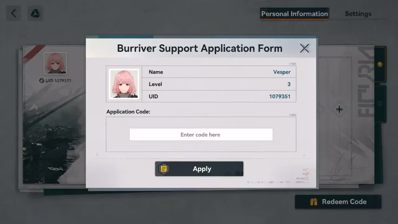 A screenshot of Girls' Frontline 2 showing the game's codes page