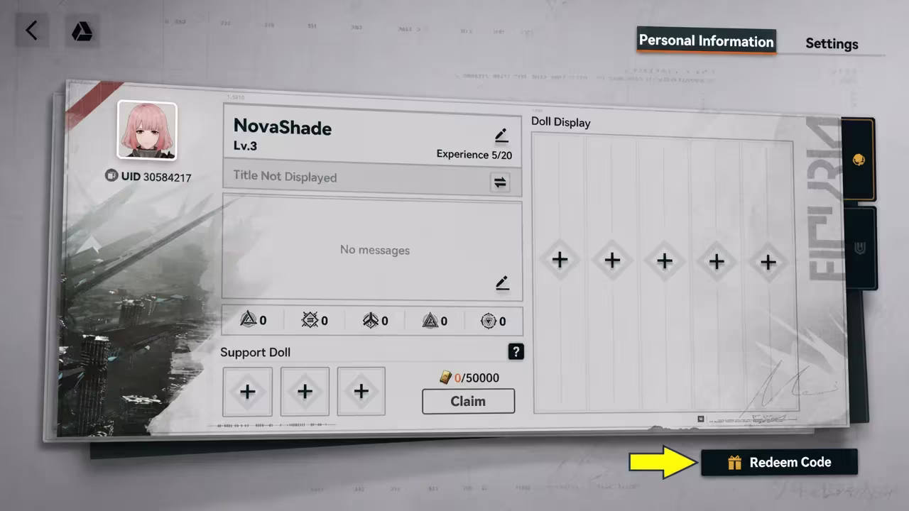 A screenshot of Girls' Frontline 2 showing the game's Redeem Code button