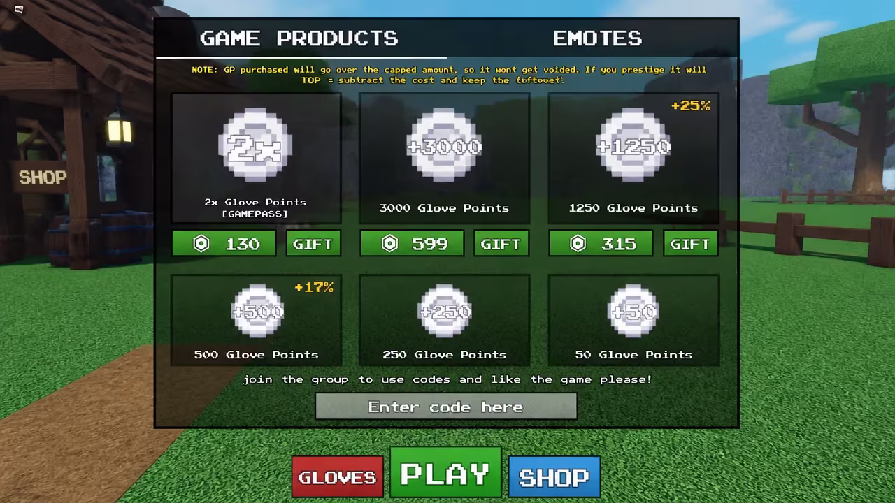 SHOP menu open with the code entry field for redeeming Glove Game 2 rewards