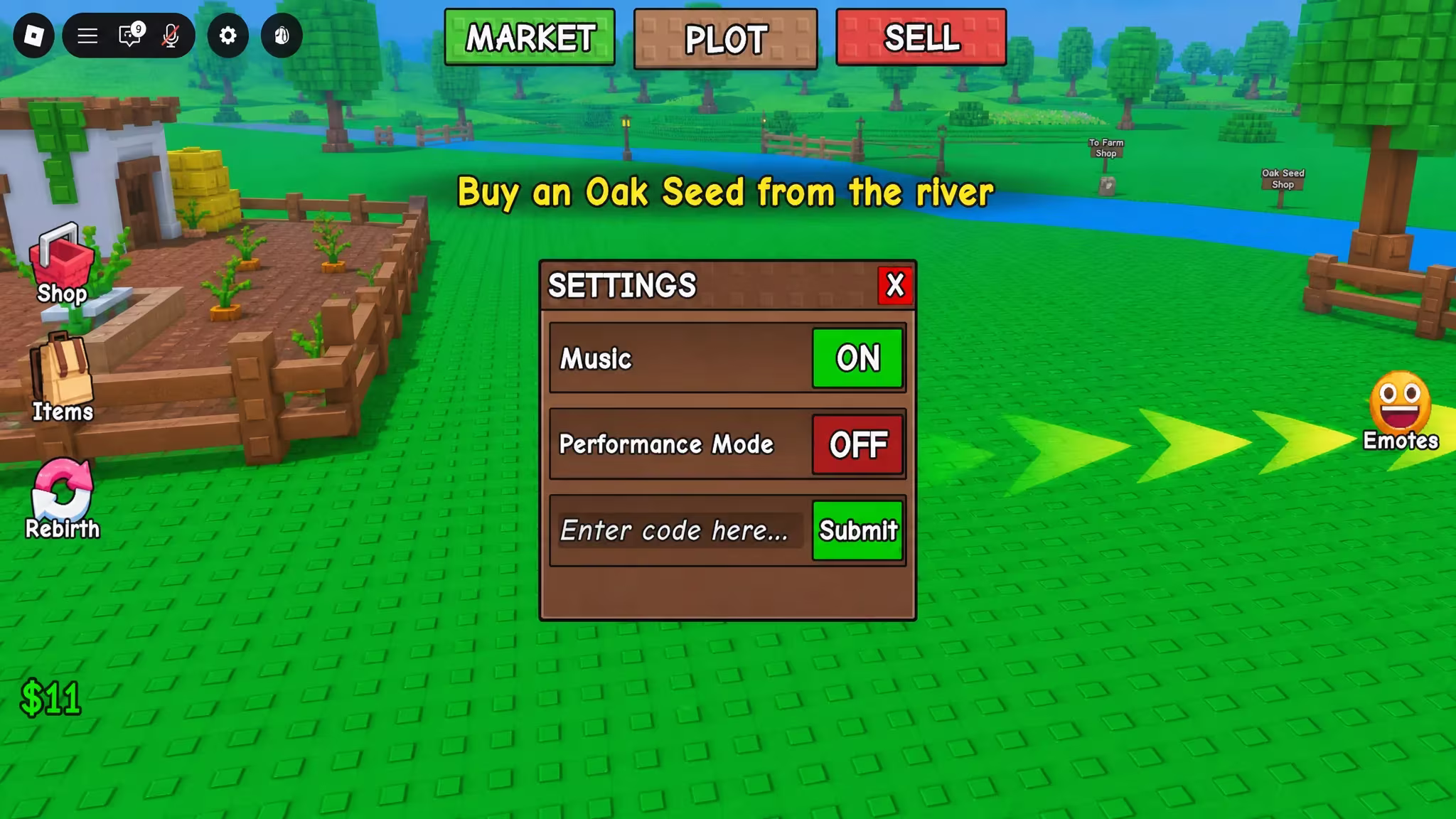 Settings menu in Greedy Growers with the code redemption box open