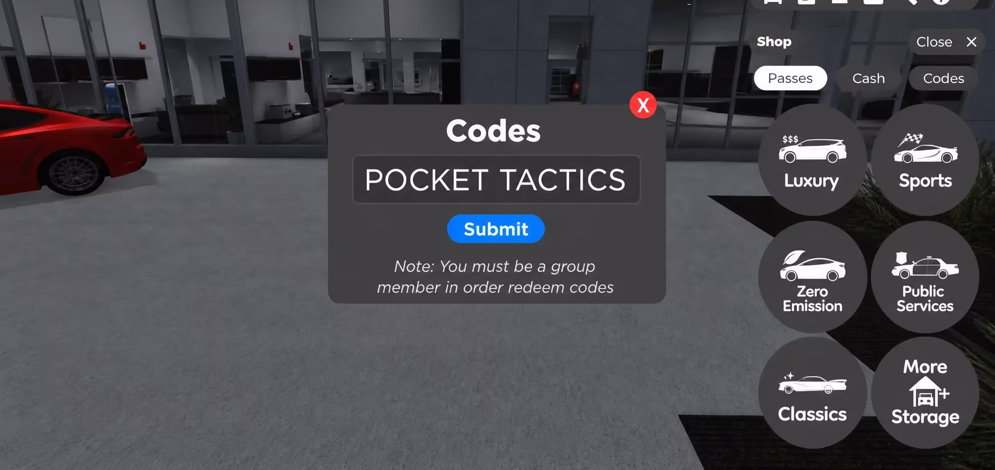 Greenville codes redemption box open in the in-game shop menu