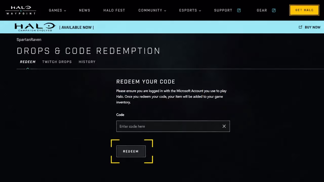 Redeem button below the code entry field on the Drops and Code Redemption page