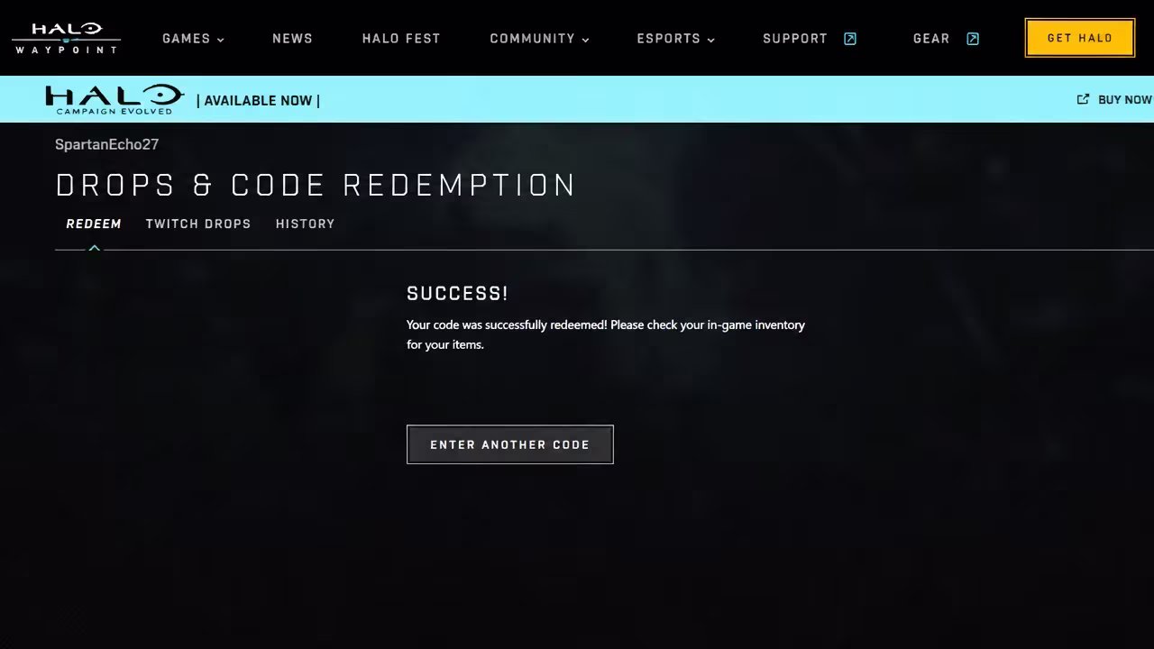 SUCCESS confirmation screen after redeeming a code, with an option to enter another code
