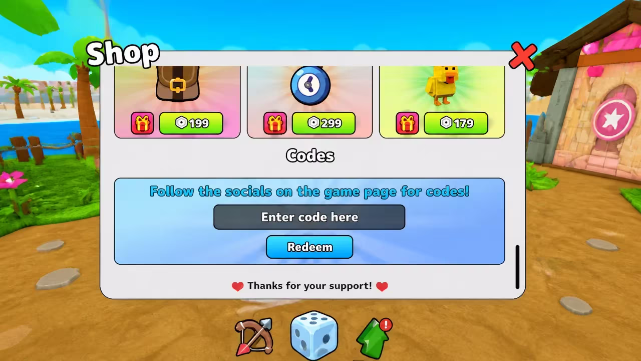 Shop menu's code entry field and Redeem button used to claim rewards