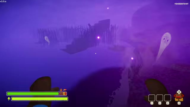 The purple flame and cleared GLOOM-free zone after ringing a tower