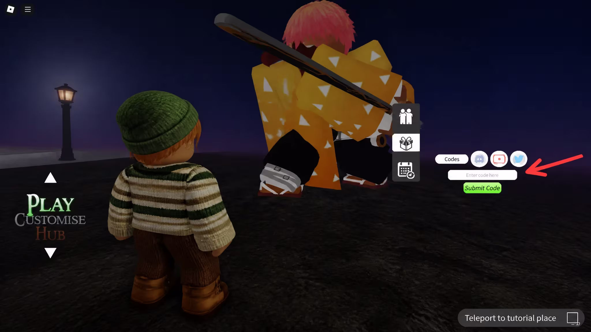Code entry text box in the Project Slayers menu screen