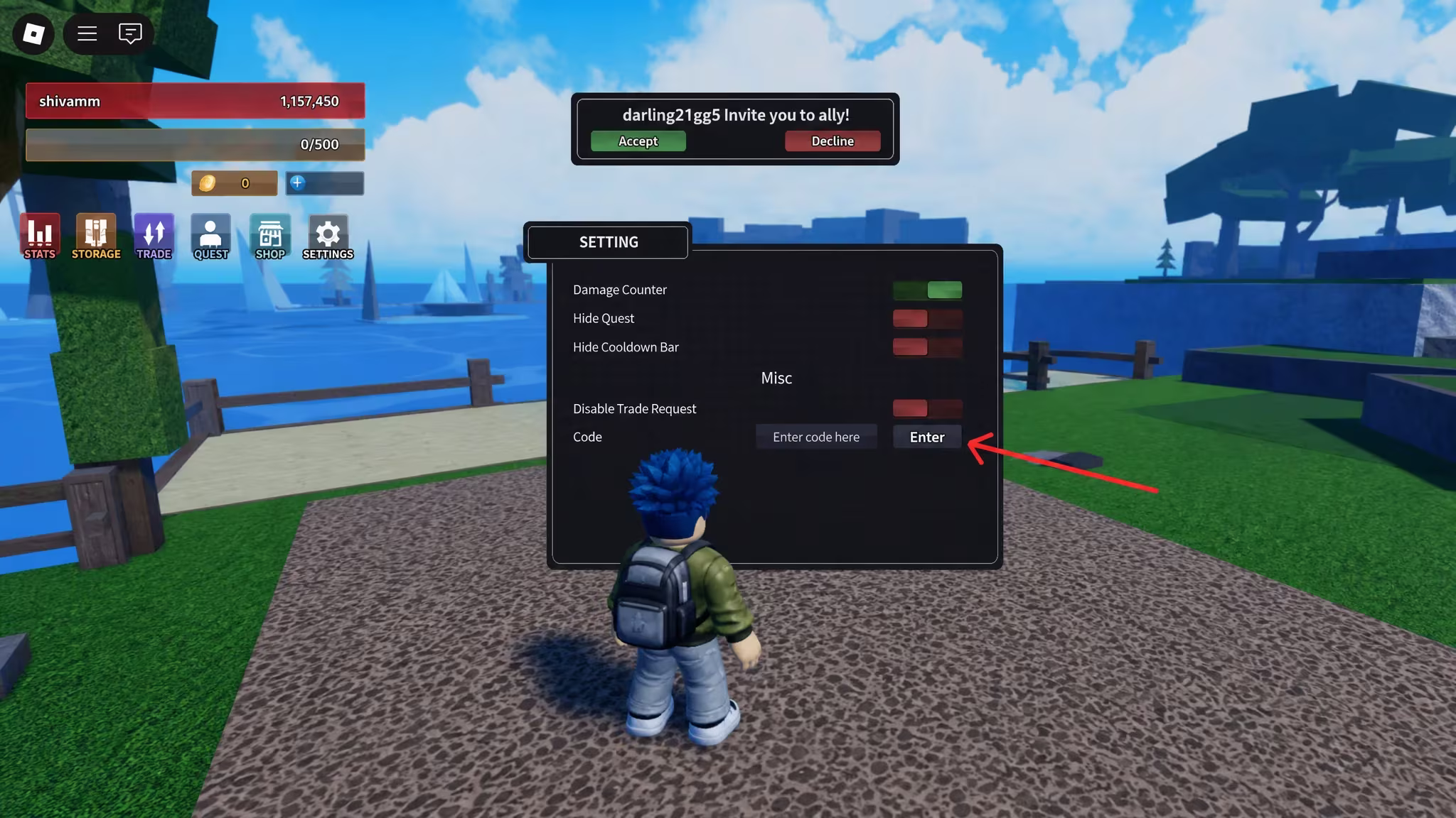 Text box for entering a Rogue Piece code in the settings menu