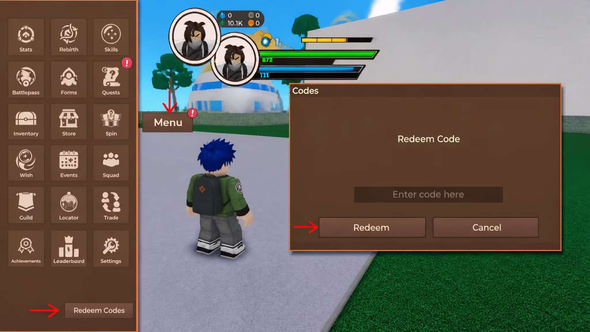 Redeem code text box open in the Dragon Blox menu ready for a code to be entered