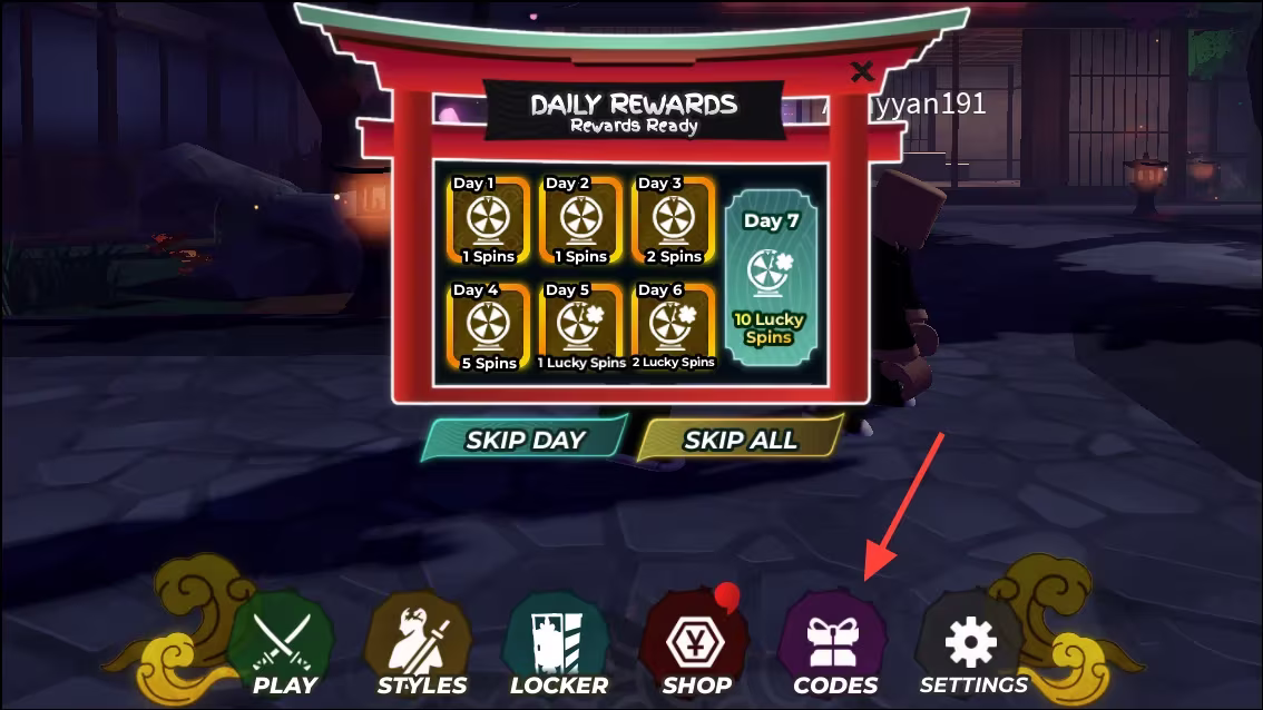 The pink Codes button near the bottom of the Mugen lobby screen