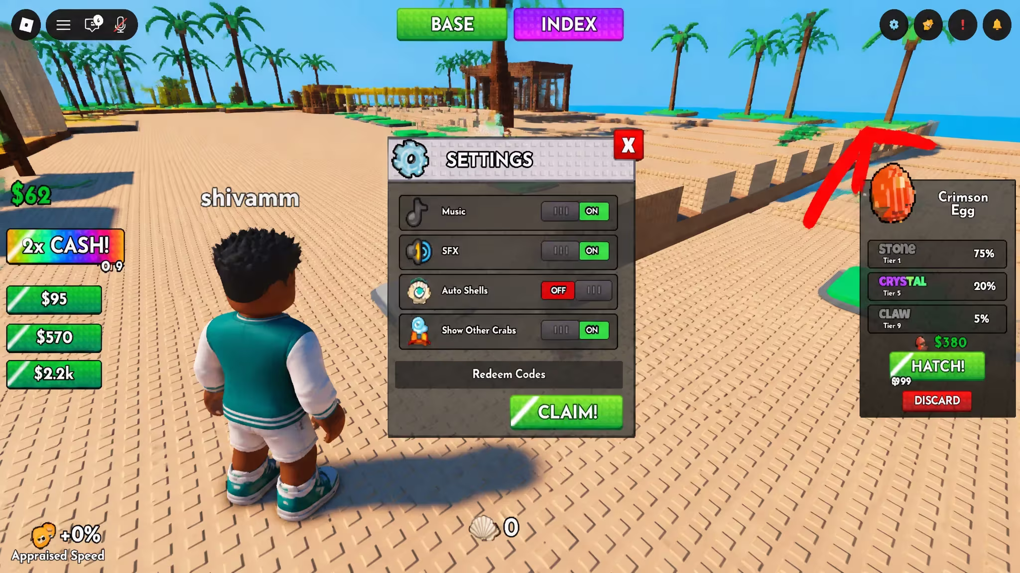 Roblox Crab Tycoon code system. Arrow pointing to the settings button