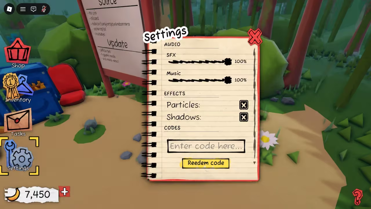 Settings menu open with the code entry field and redeem button visible