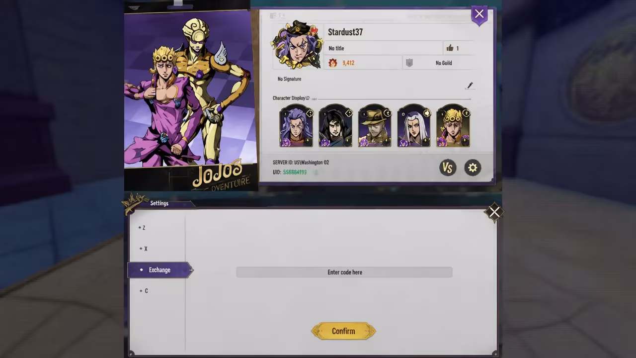 Settings menu in JoJo's Golden Spirit with the Exchange tab open and a code entry field visible