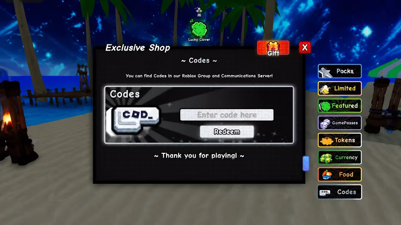 Codes button inside the Kawaii Anime RNG shop menu