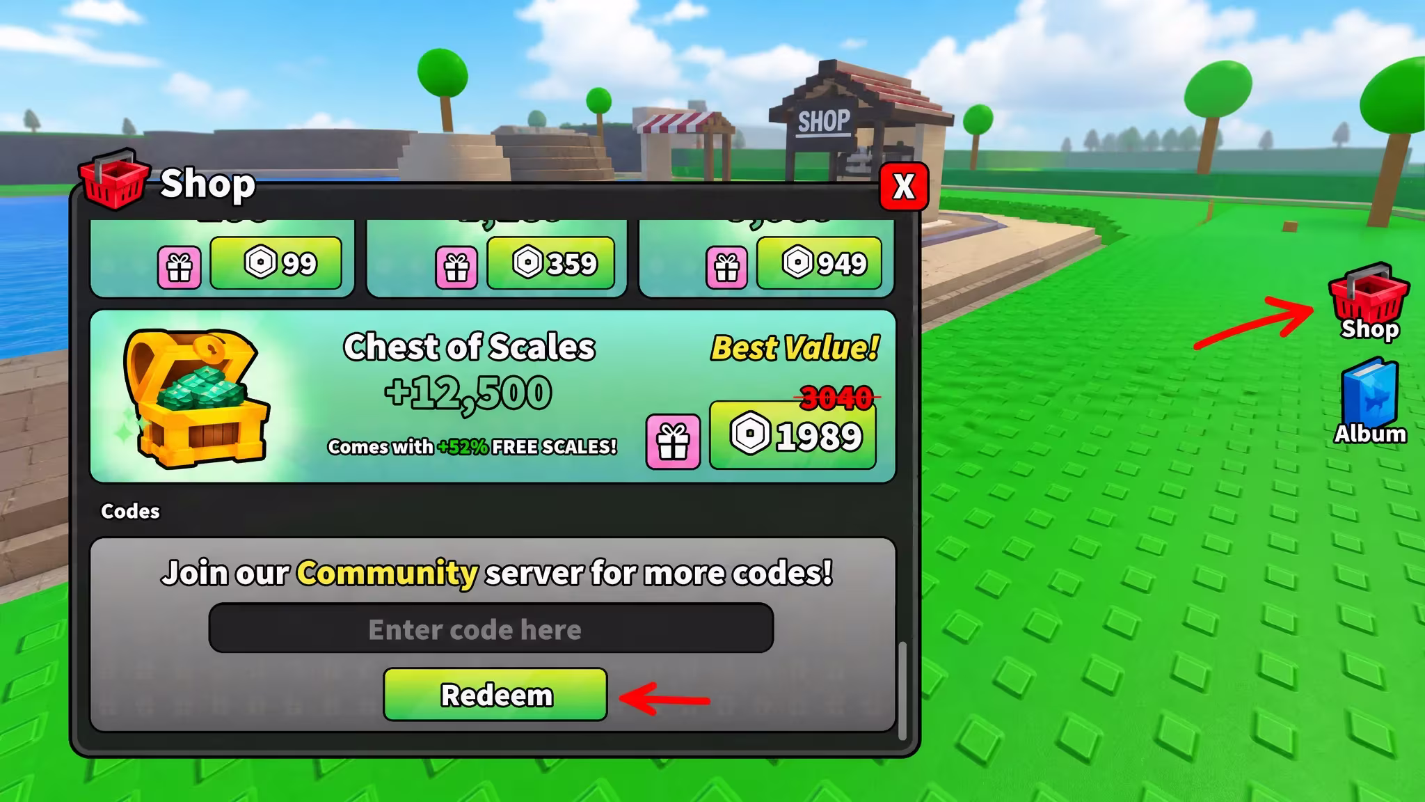 Shop menu in Lake Sipping showing the code redemption text box