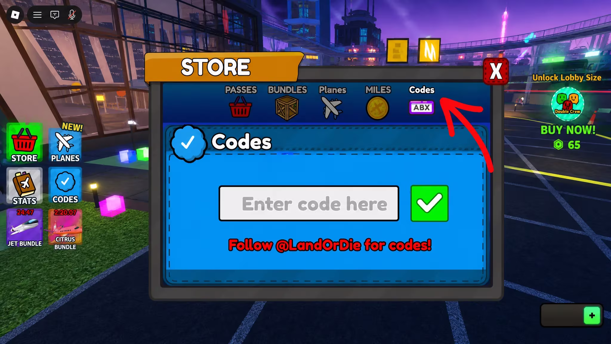Arrows pointing to the shop and Land or Die code system