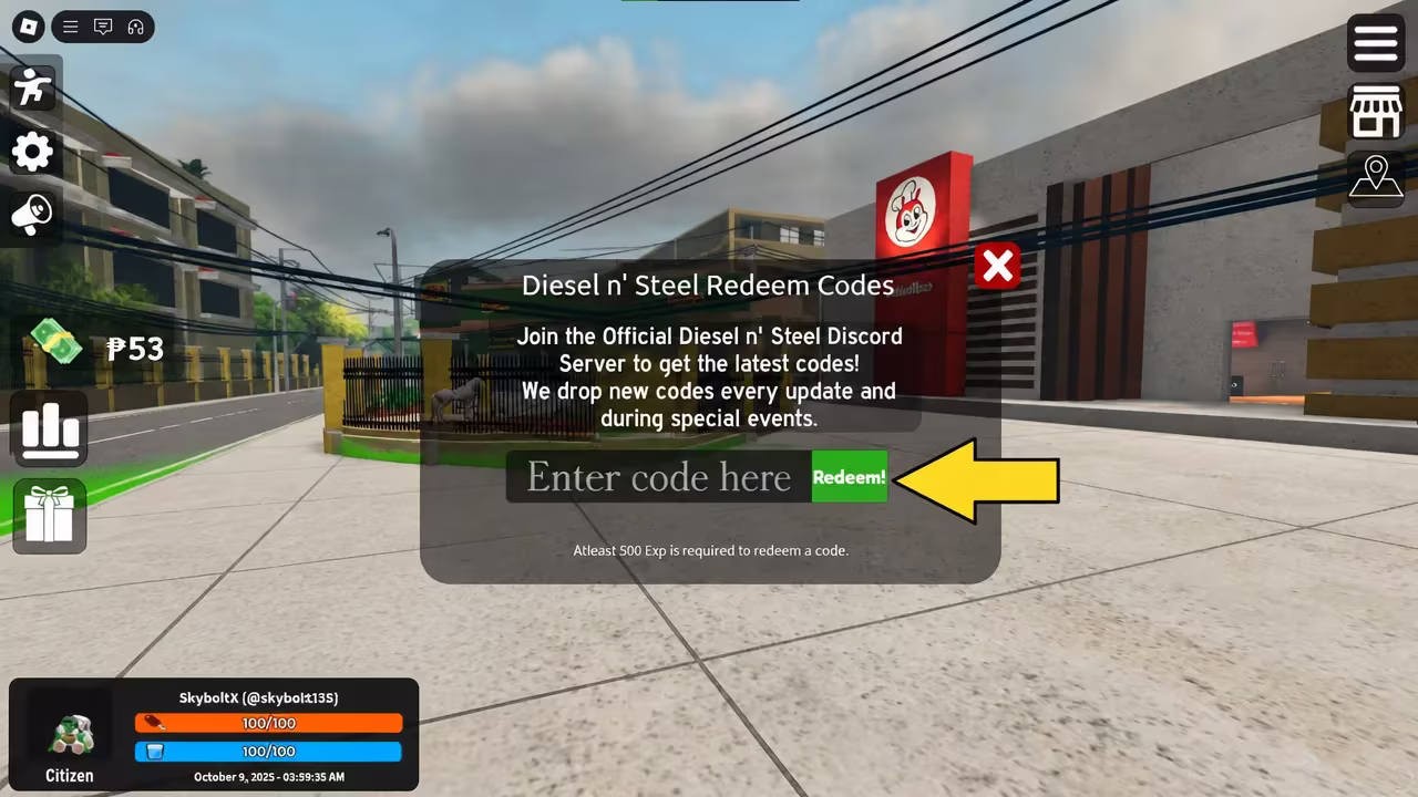 A screenshot of Diesel n' Steel in Roblox showing the game's codes field