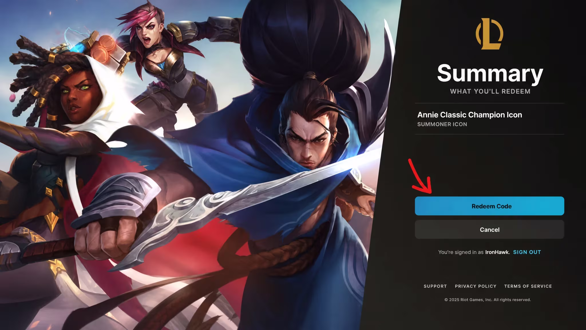 An image of Riot Games' League of Legends code redemption screen featuring Yasuo, Vi, and Senna