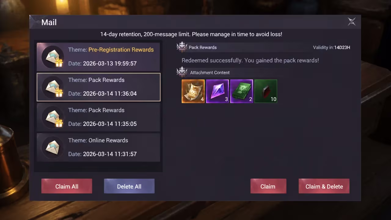 Inbox showing the Pack Rewards mail open with a Claim button for redeemed items