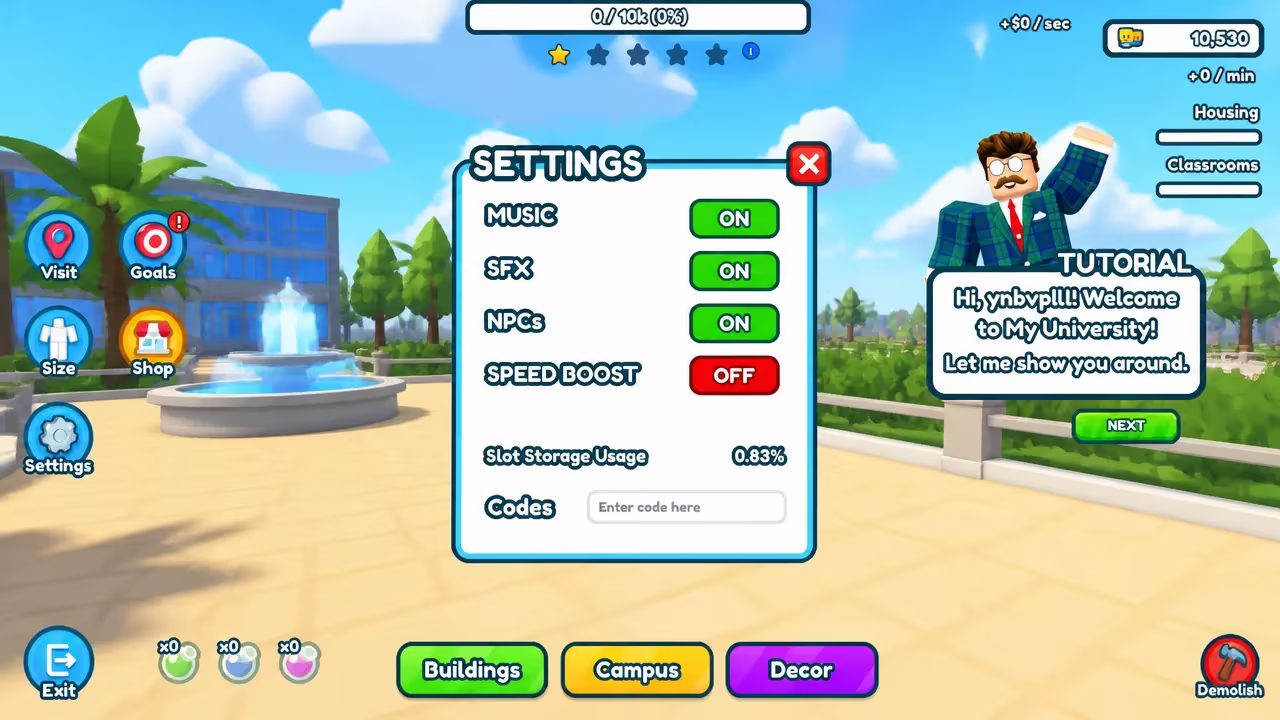 Settings menu showing the code entry field alongside music, SFX, and speed boost toggles