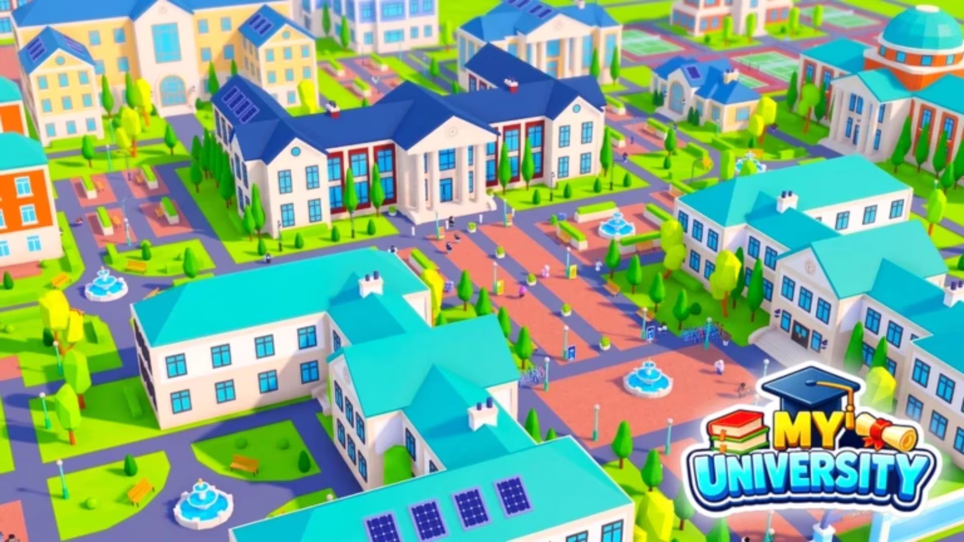 Campus buildings and grounds in the My University tycoon game