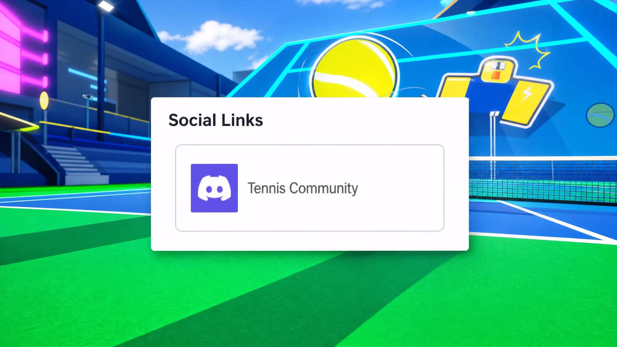 Neo Tennis codes: A clipping of the Discord button on the Neo Tennis Roblox page pasted on some blurred key art with a PT logo in the top right corner