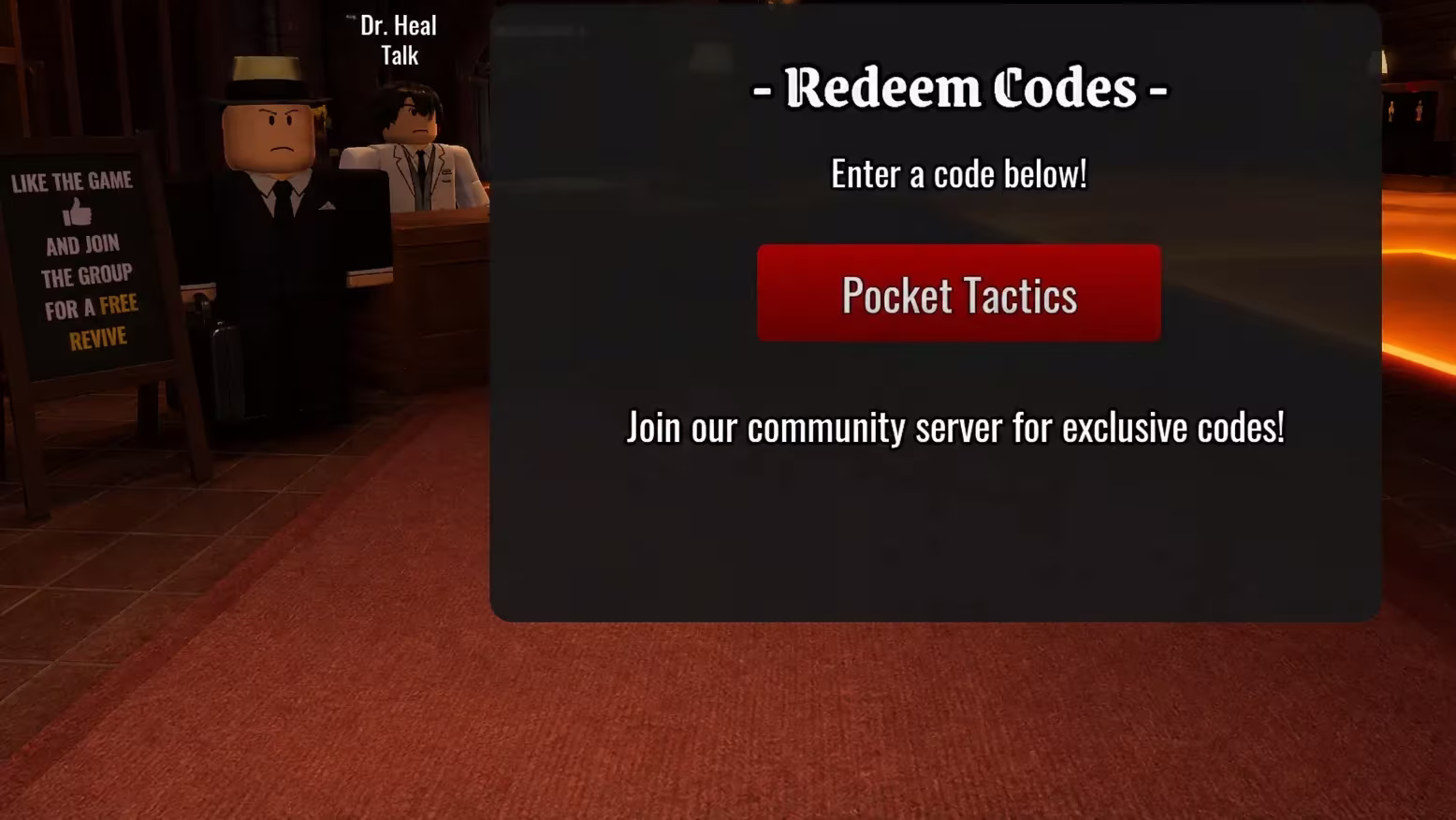 Night At The Infirmary codes: An image of the code redemption box in Roblox