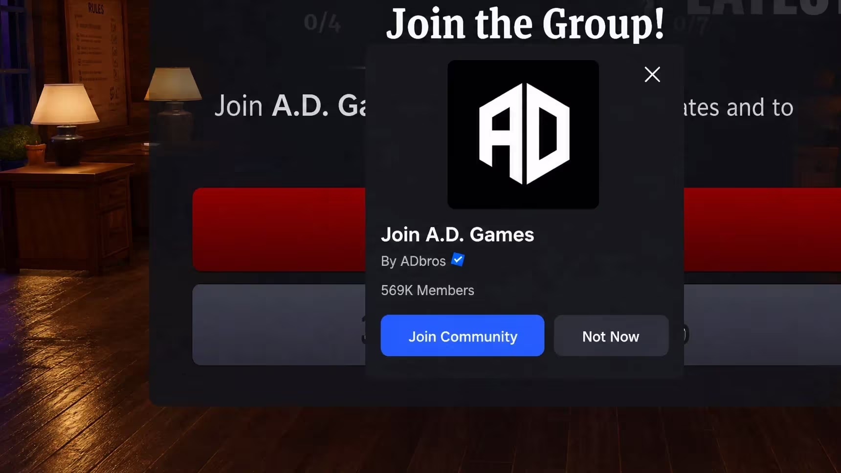 Night At The Infirmary codes: an image of the A.D Games Roblox group