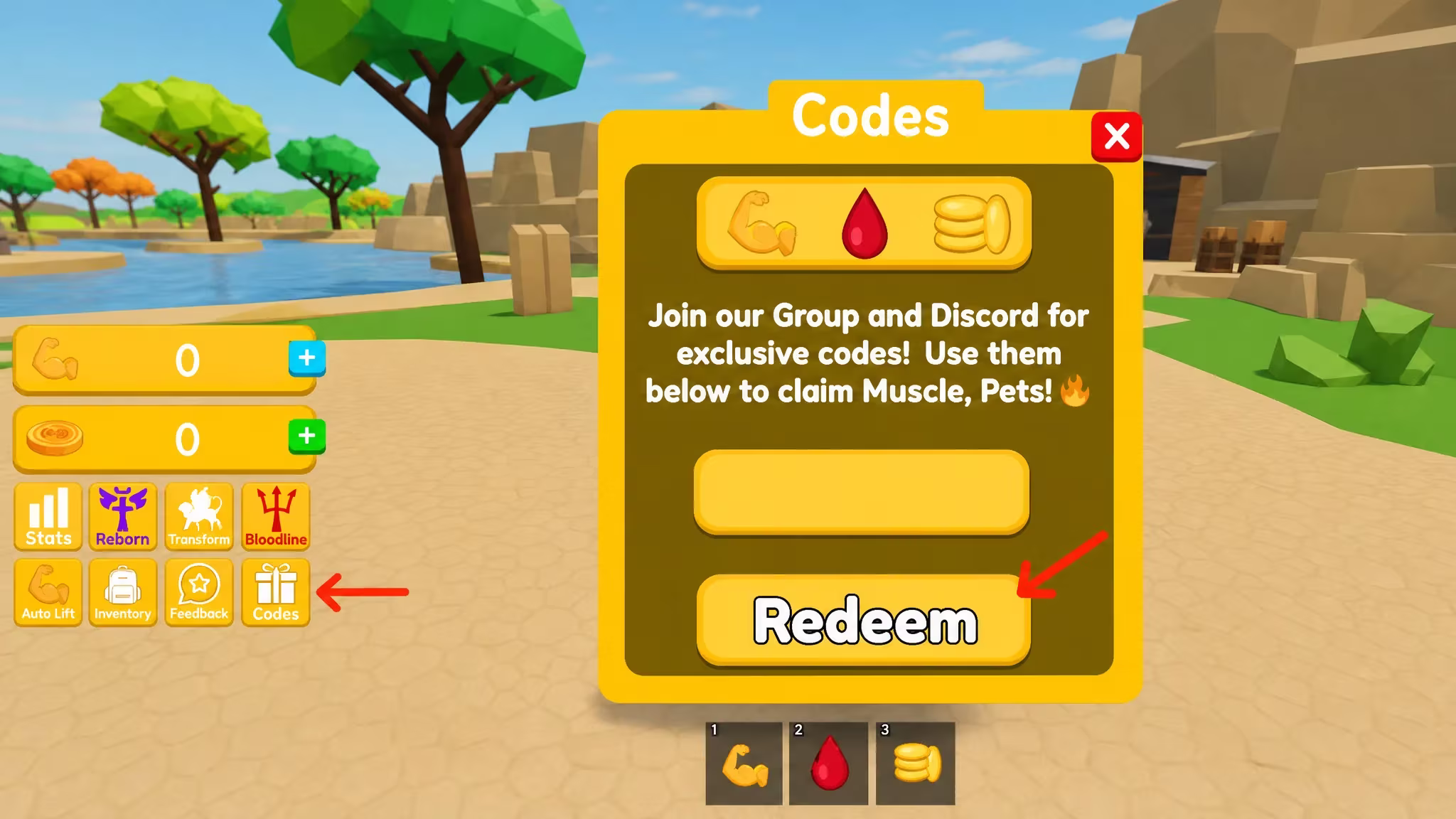Code redemption pop-up in No Limit Lifting Simulator 2 with the yellow entry field open