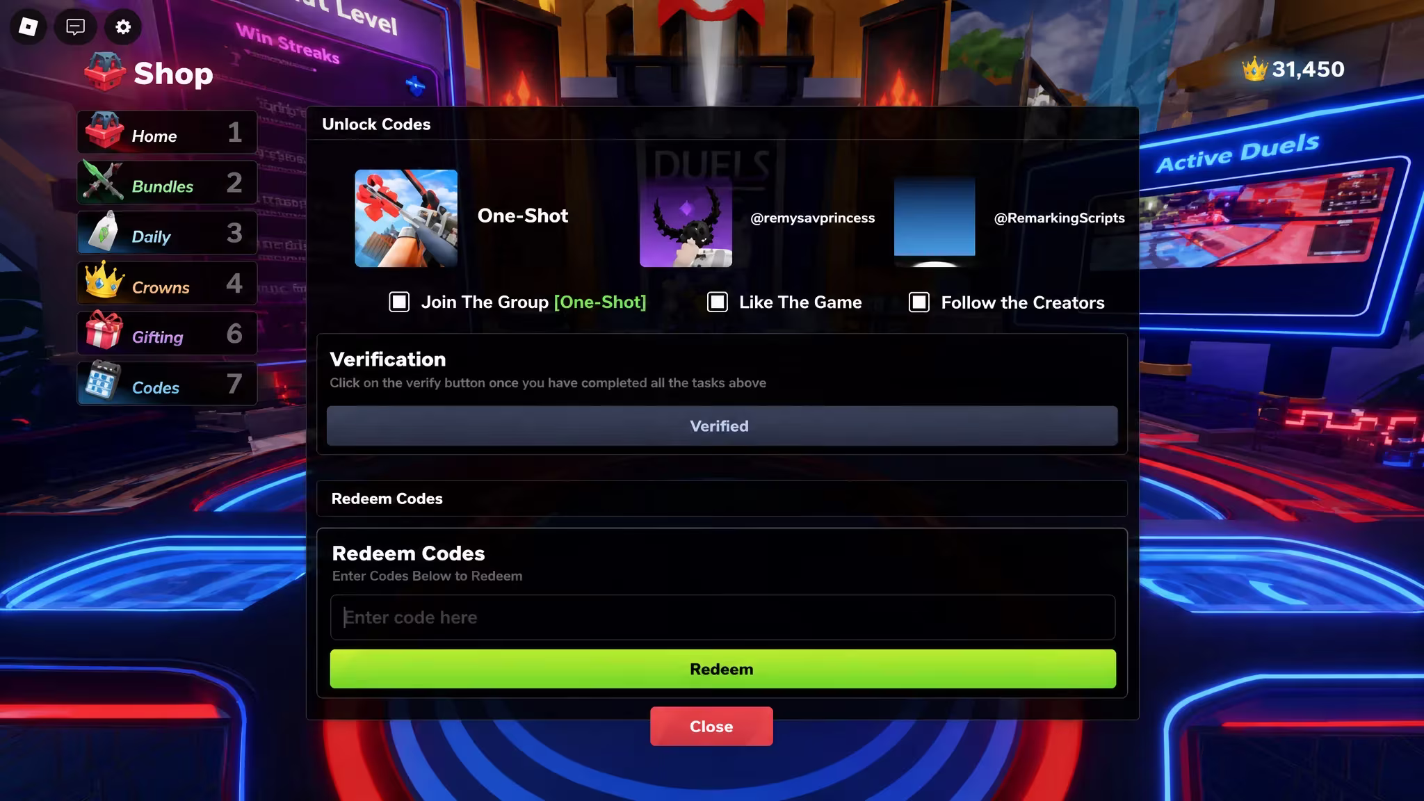 The Overkill codes redemption screen with all verification conditions met and the code entry box unlocked