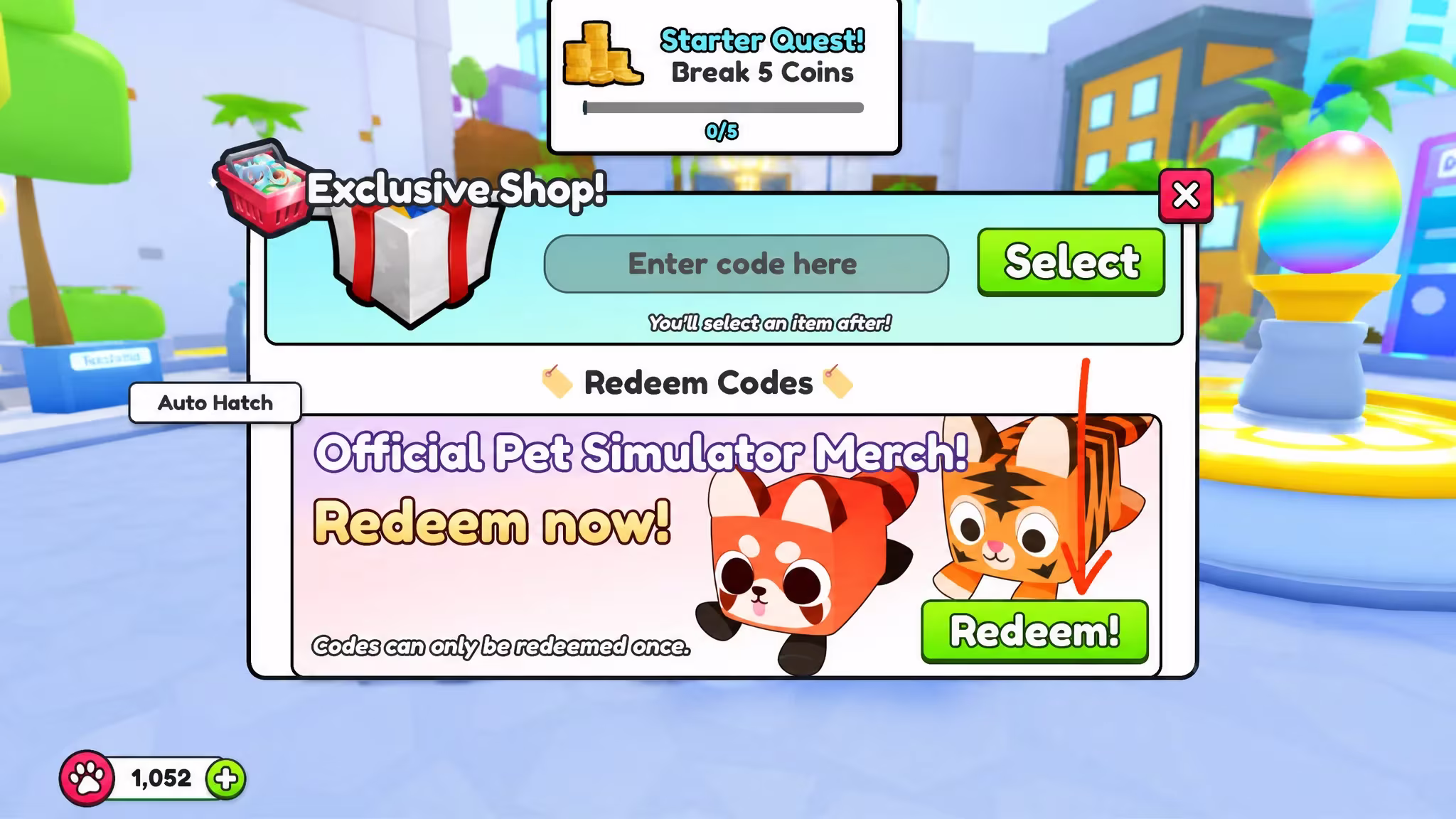 Redeem code section in PS99