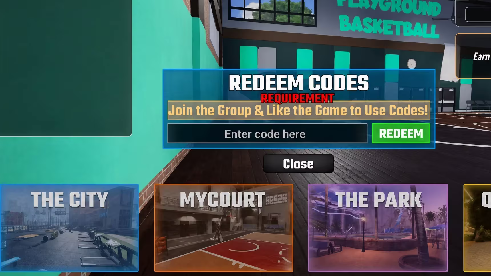 Playground Basketball code redemption panel open on the main menu screen
