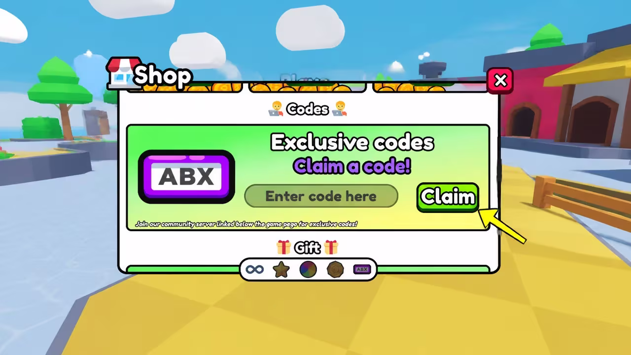 Codes screen in the Shop menu with the code entry field and Claim button highlighted