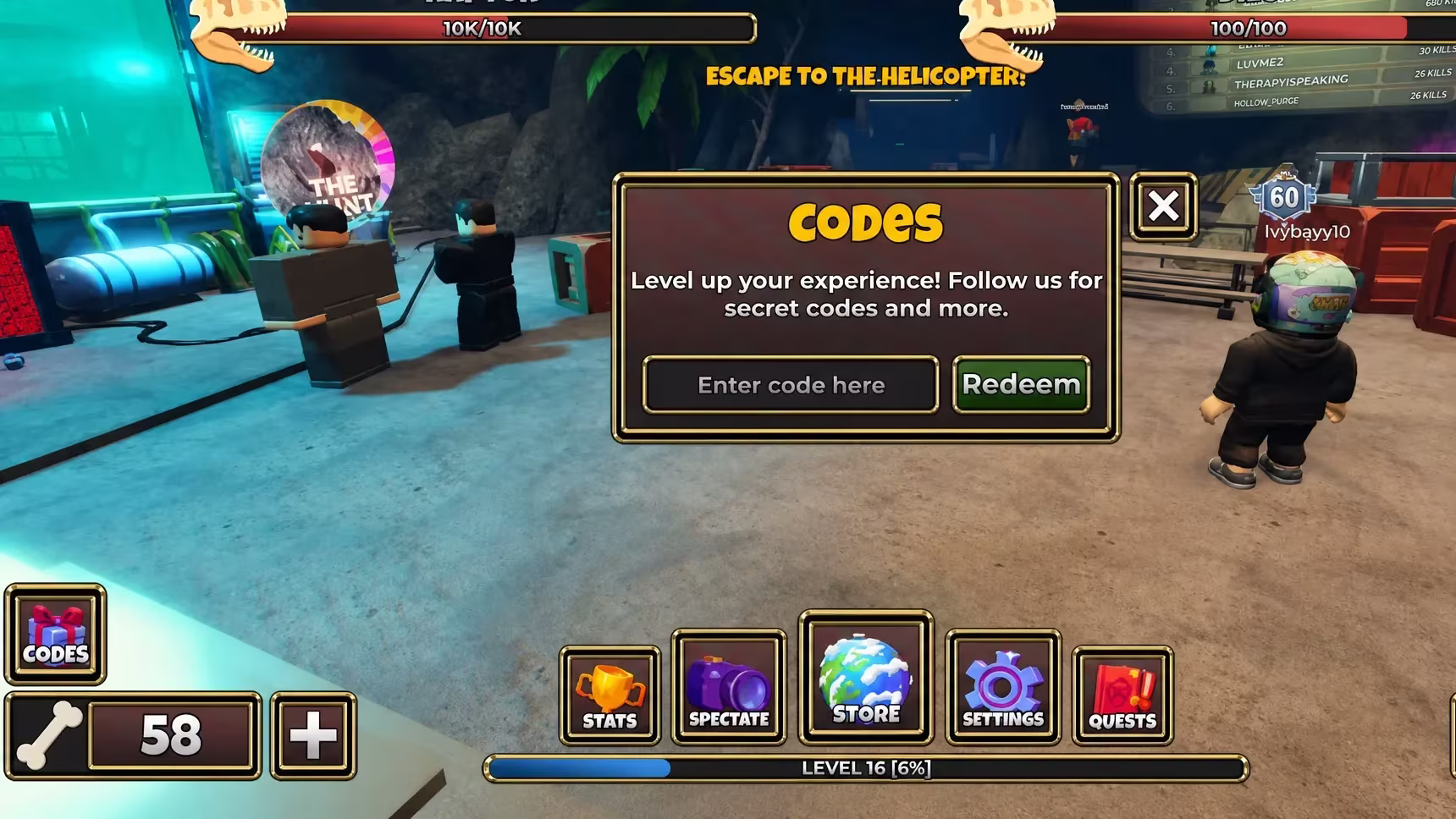 Primal Pursuit codes: A screenshot of the codes redemption screen with a PT logo in the top right corner
